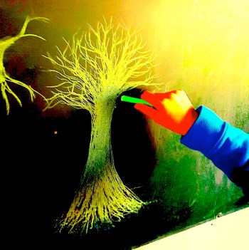 Nathan dessine, Lyon, février 2019. © Atelier de l'Arbre bleu.